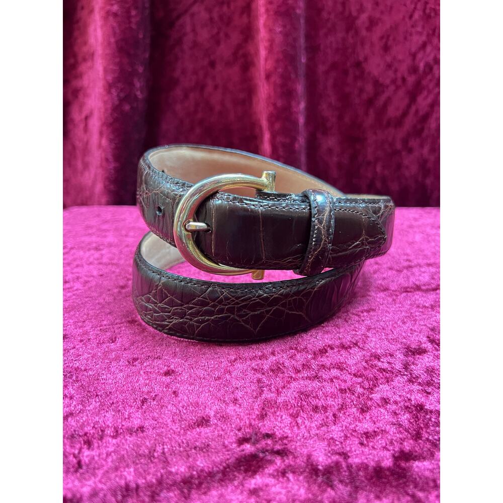 Vintage Genuine Italian Calfskin Belt Brown Alligator Embossed with Brass Buckle